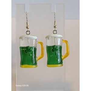 St Patricks Day Green Beer Mug Shamrock Dangle Earrings Novelty Irish Jewelry
